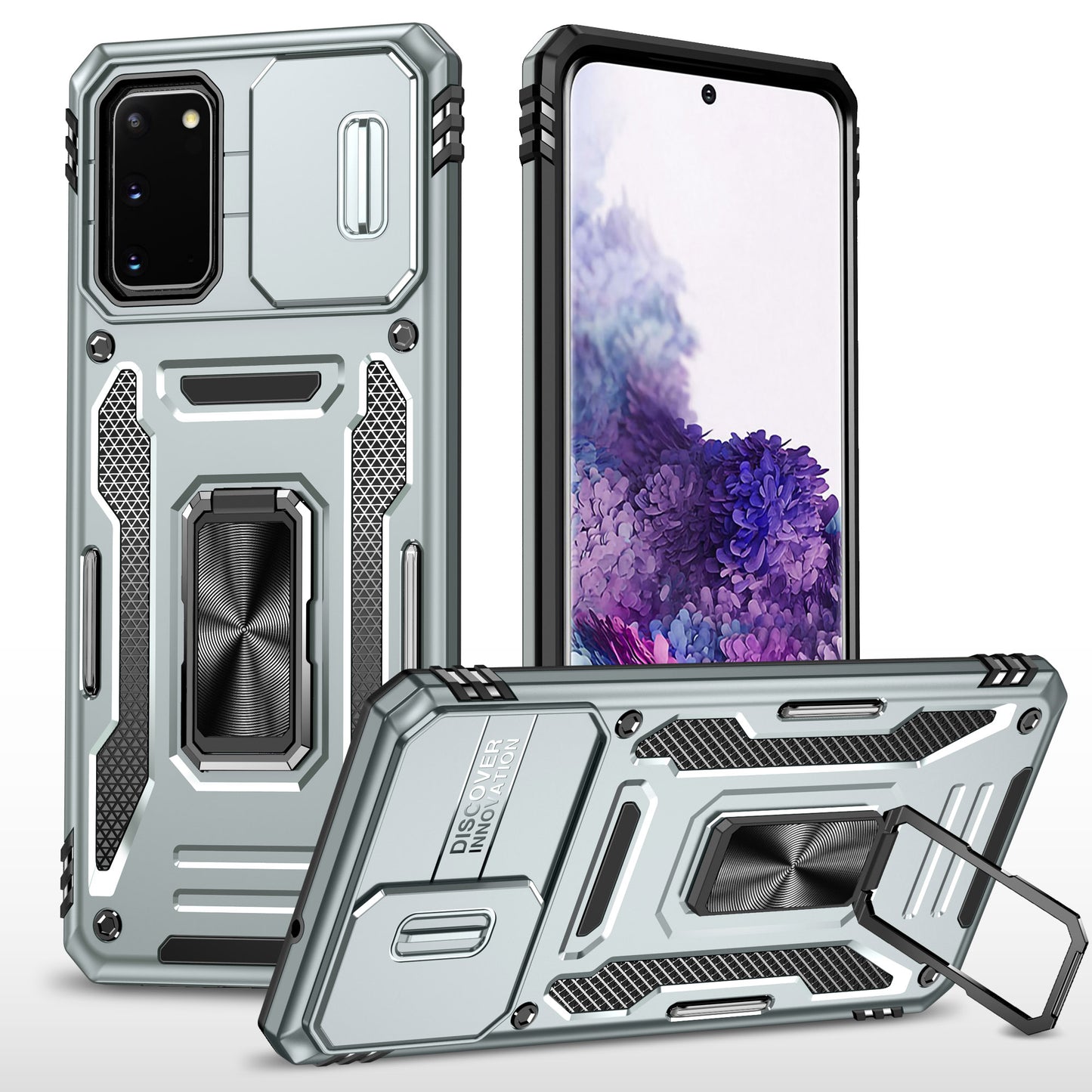 Armor Series for Samsung Galaxy S20 4G / 5G Kickstand PC + TPU Hybrid Cover Anti-collision Protective Phone Case with Slide Camera Protector - Grey
