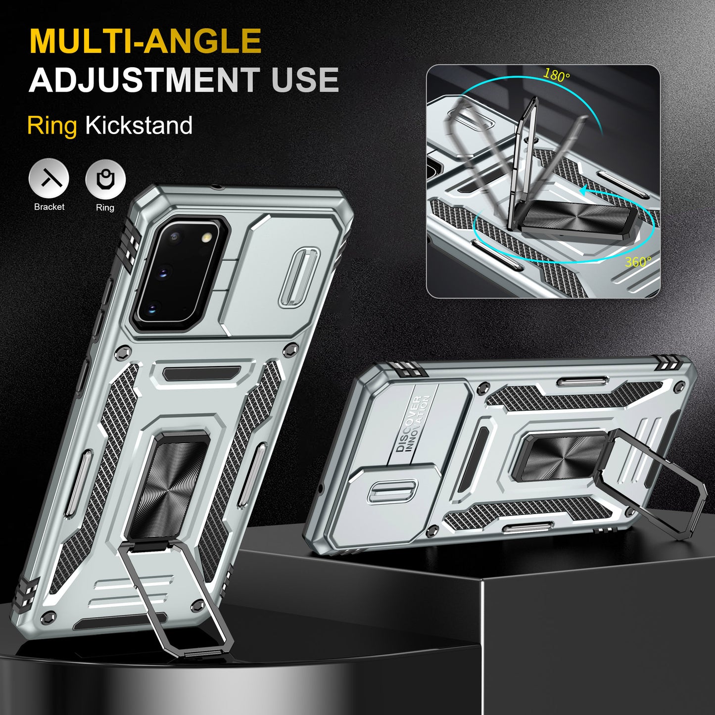 Armor Series for Samsung Galaxy S20 4G / 5G Kickstand PC + TPU Hybrid Cover Anti-collision Protective Phone Case with Slide Camera Protector - Grey