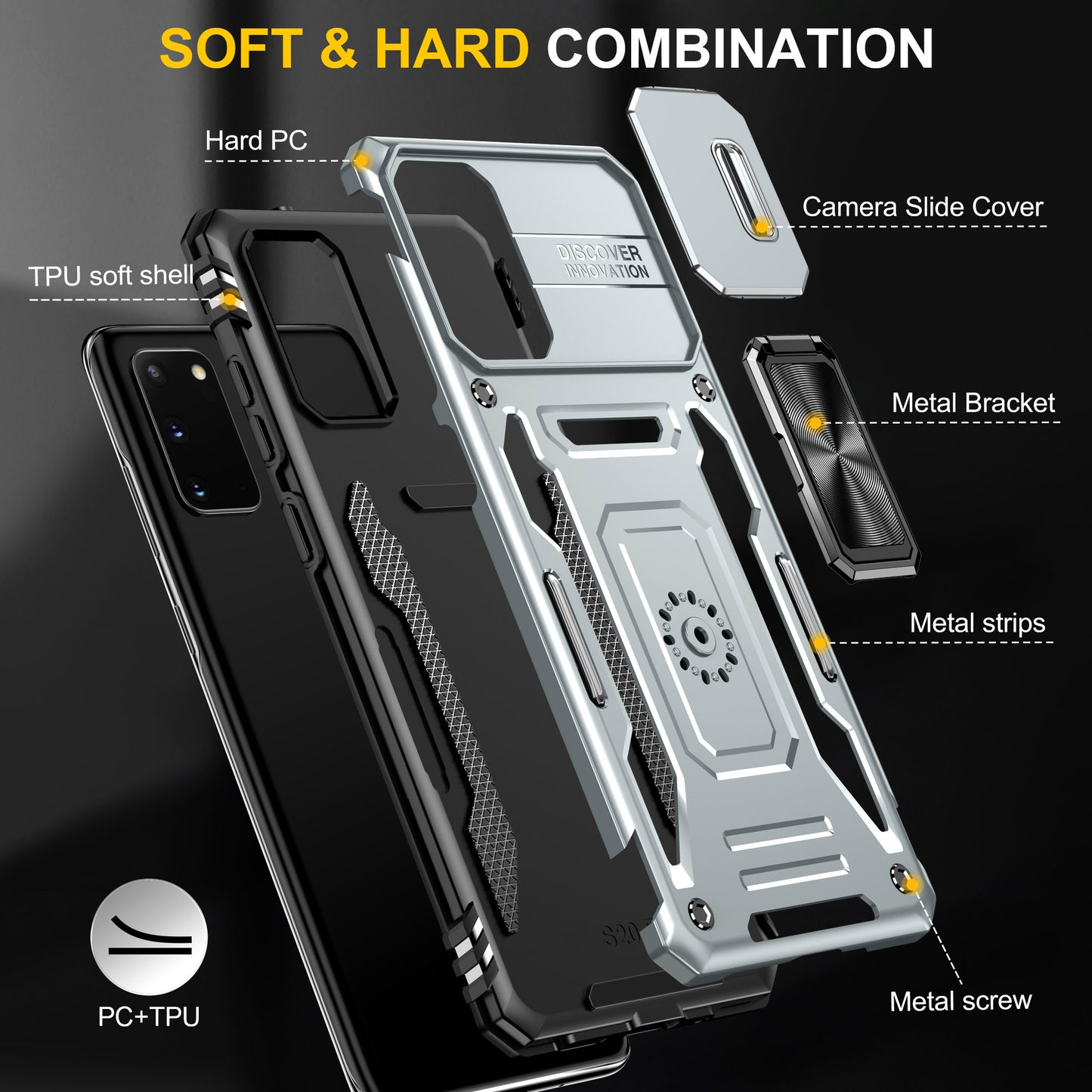 Armor Series for Samsung Galaxy S20 4G / 5G Kickstand PC + TPU Hybrid Cover Anti-collision Protective Phone Case with Slide Camera Protector - Grey