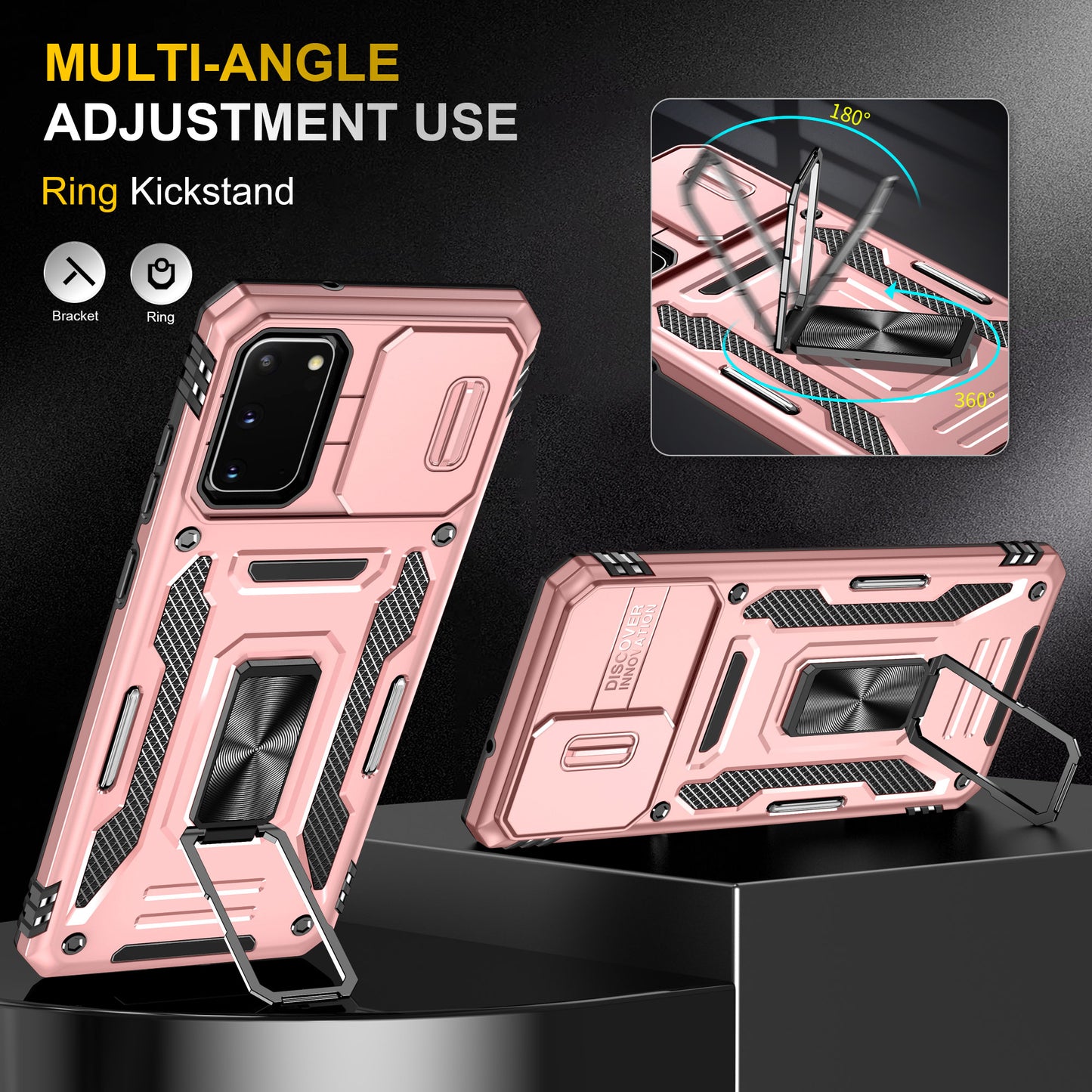 Armor Series for Samsung Galaxy S20 4G / 5G Kickstand PC + TPU Hybrid Cover Anti-collision Protective Phone Case with Slide Camera Protector - Rose Gold