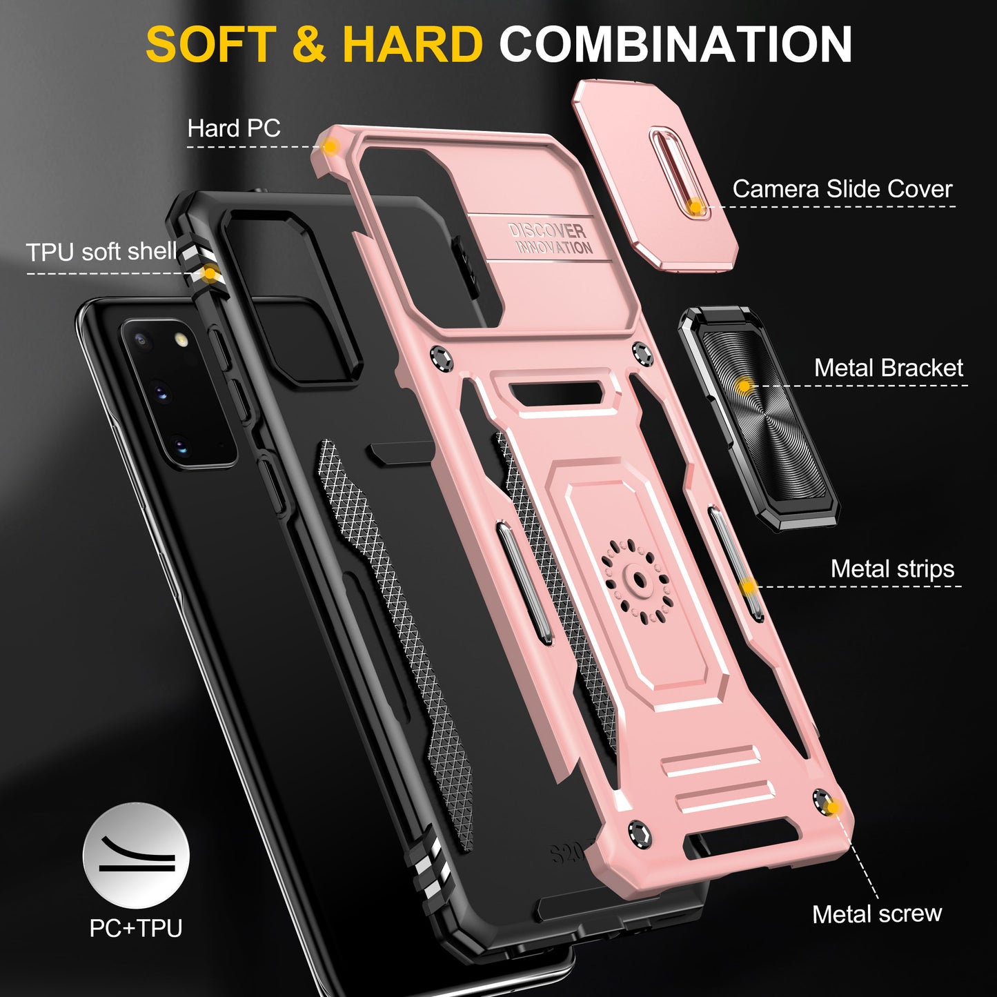 Armor Series for Samsung Galaxy S20 4G / 5G Kickstand PC + TPU Hybrid Cover Anti-collision Protective Phone Case with Slide Camera Protector - Rose Gold