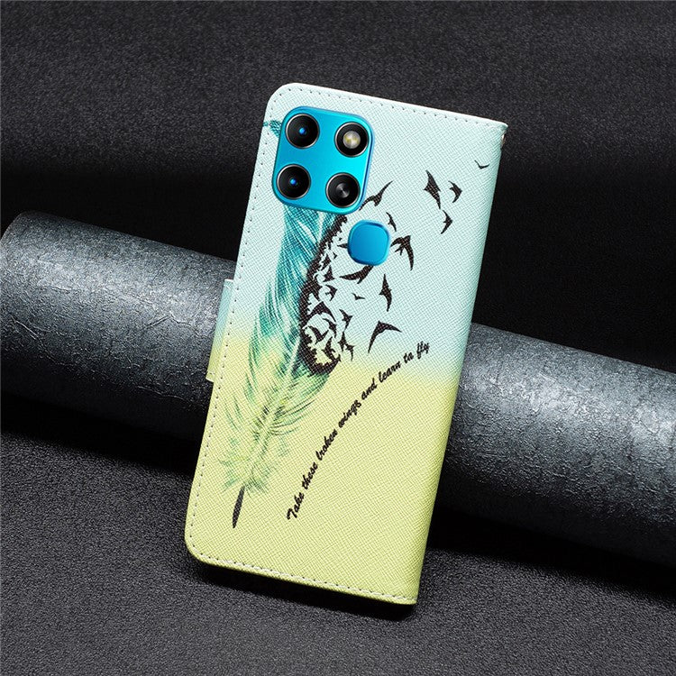 For Infinix Smart 6 / X6511B PU Leather Phone Wallet Case Magnetic Closure Pattern Flip Stand Phone Cover - Feather