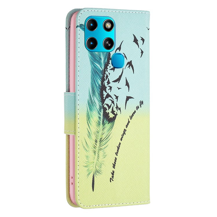 For Infinix Smart 6 / X6511B PU Leather Phone Wallet Case Magnetic Closure Pattern Flip Stand Phone Cover - Feather