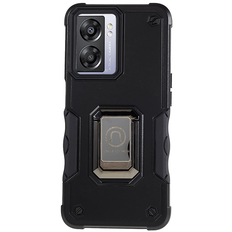For Oppo A57 4G / A57s 4G / A57e 4G / A77 4G / A77 5G / A57 (2022) 5G / Realme Q5i / V23 5G / OnePlus Nord N20 SE 4G / Nord N300 5G PC+TPU Phone Case Ring Holder Kickstand Cover - Black