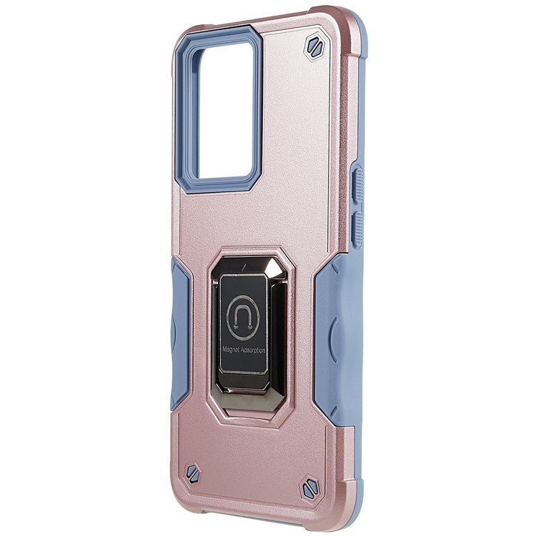 For Oppo A57 4G/A57s 4G/A57e 4G/A77 4G/A77 5G/A57 (2022) 5G/Realme Q5i/V23 5G/OnePlus Nord N20 SE 4G/Nord N300 5G PC+TPU Phone Case Ring Holder Kickstand Cover - Rose Gold