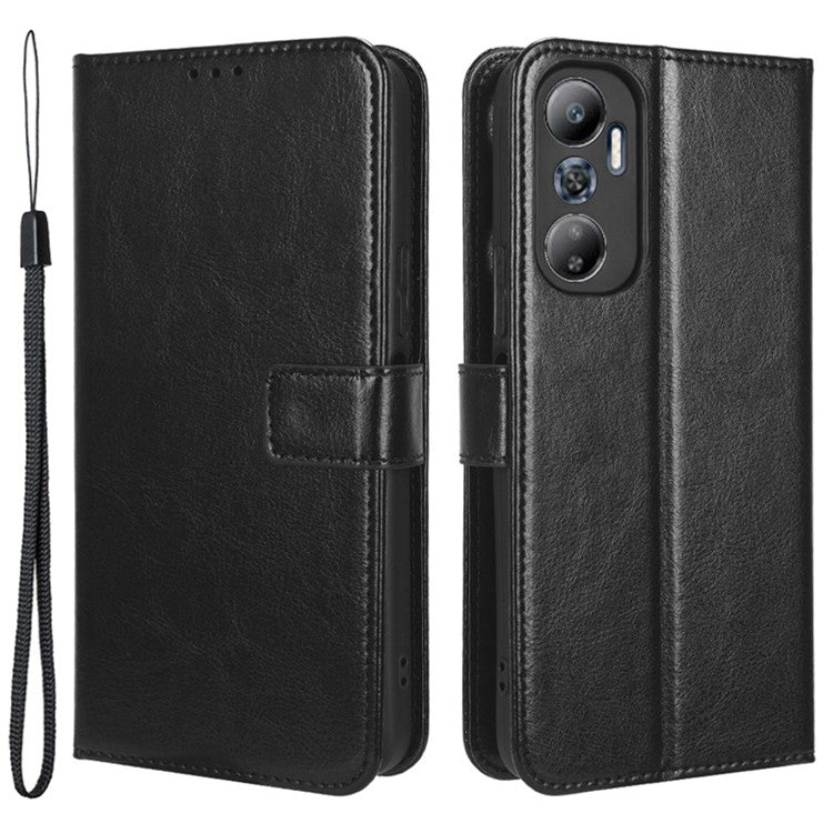 For Infinix Hot 20 4G / X682B Crazy Horse Texture PU Leather Phone Case Phone Stand Wallet Cover - Black