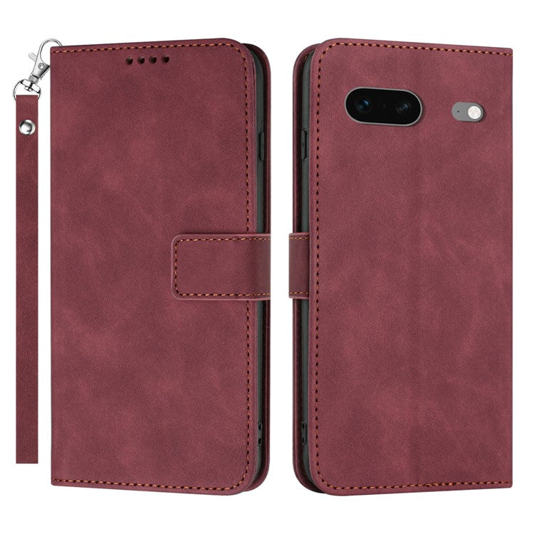 For Google Pixel 7 5G Anti-scratch Mobile Phone Case Magnetic Clasp PU Leather Stand Flip Wallet Cover with Strap - Wine Red