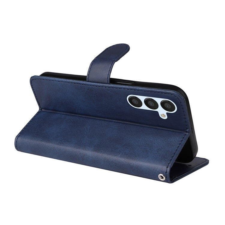 For Samsung Galaxy A54 5G PU Leather Wallet Shockproof Phone Cover Anti-scratch Classic Calf Texture Phone Stand Case with Wrist Strap - Blue