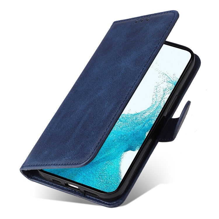 For Samsung Galaxy A54 5G PU Leather Wallet Shockproof Phone Cover Anti-scratch Classic Calf Texture Phone Stand Case with Wrist Strap - Blue