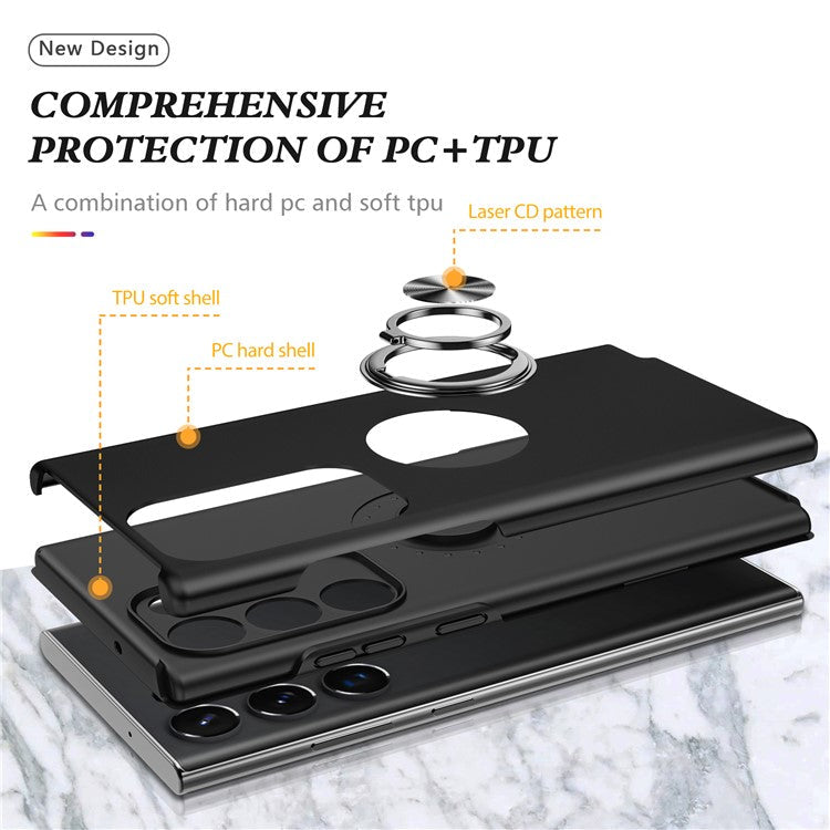 For Samsung Galaxy S23 Ultra Rotation Ring Kickstand Anti-fall Case Hard PC+Soft TPU Dual Layer Protection Phone Cover - Black