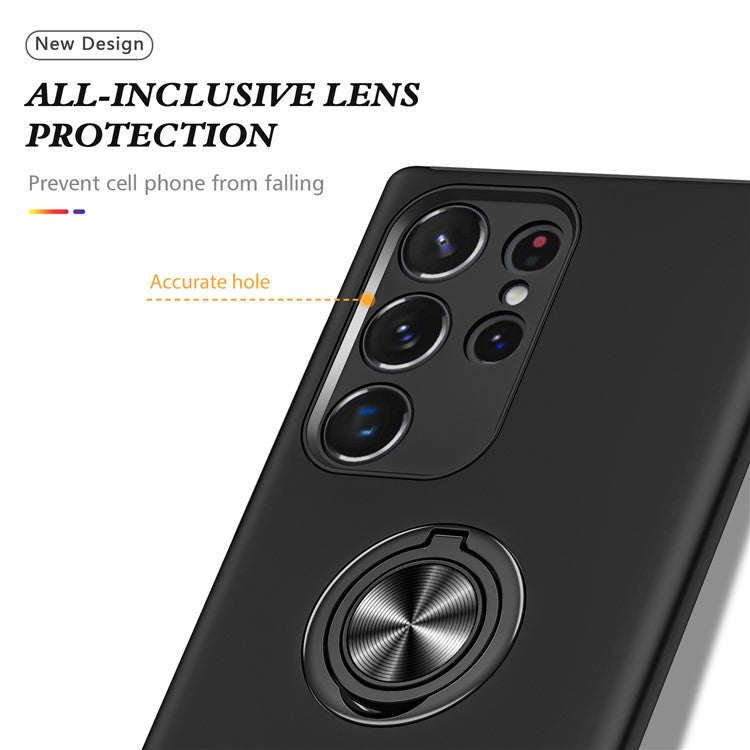 For Samsung Galaxy S23 Ultra Rotation Ring Kickstand Anti-fall Case Hard PC+Soft TPU Dual Layer Protection Phone Cover - Black