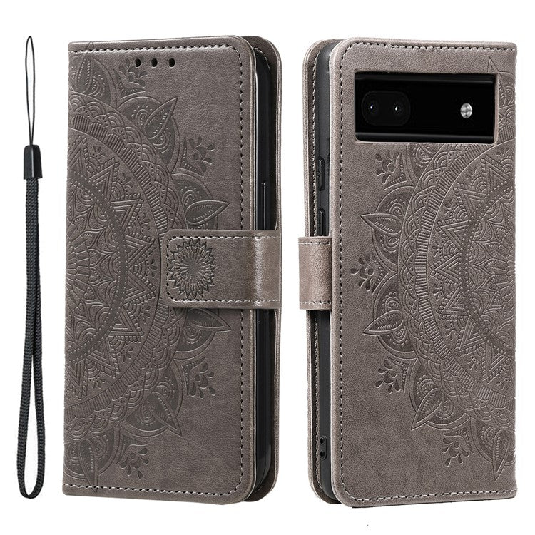 For Google Pixel 7a Imprinted Mandala Flower Phone Case PU Leather Wallet Stand Magnetic Clasp Cover with Strap - Grey