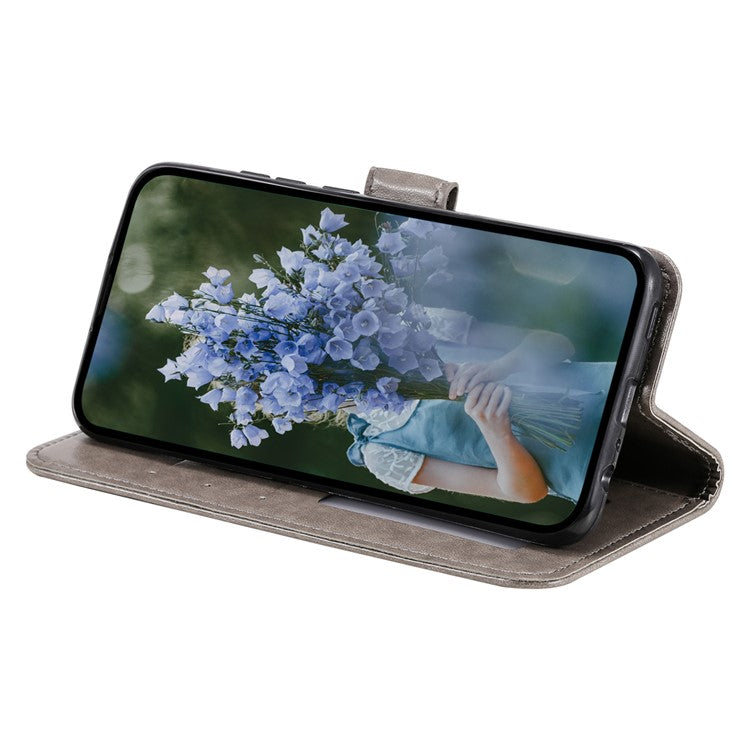 For Google Pixel 7a Imprinted Mandala Flower Phone Case PU Leather Wallet Stand Magnetic Clasp Cover with Strap - Grey