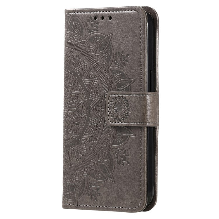 For Google Pixel 7a Imprinted Mandala Flower Phone Case PU Leather Wallet Stand Magnetic Clasp Cover with Strap - Grey