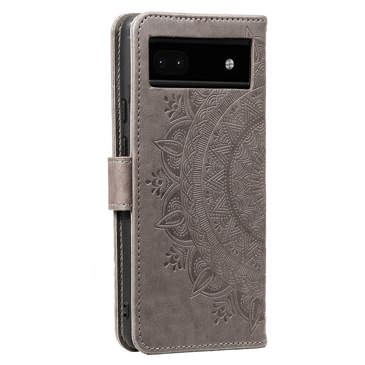 For Google Pixel 7a Imprinted Mandala Flower Phone Case PU Leather Wallet Stand Magnetic Clasp Cover with Strap - Grey