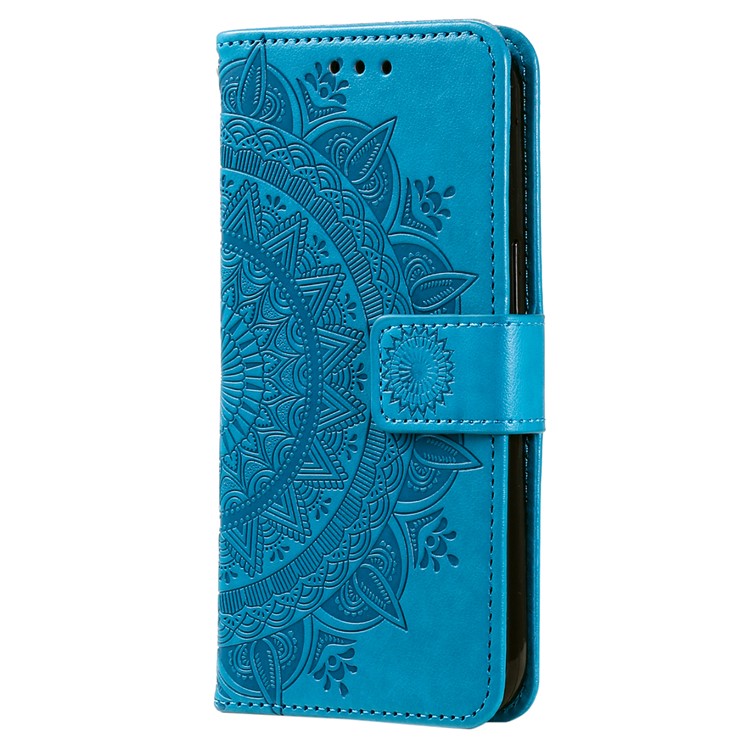 For Google Pixel 7a Imprinted Mandala Flower Phone Case PU Leather Wallet Stand Magnetic Clasp Cover with Strap - Blue