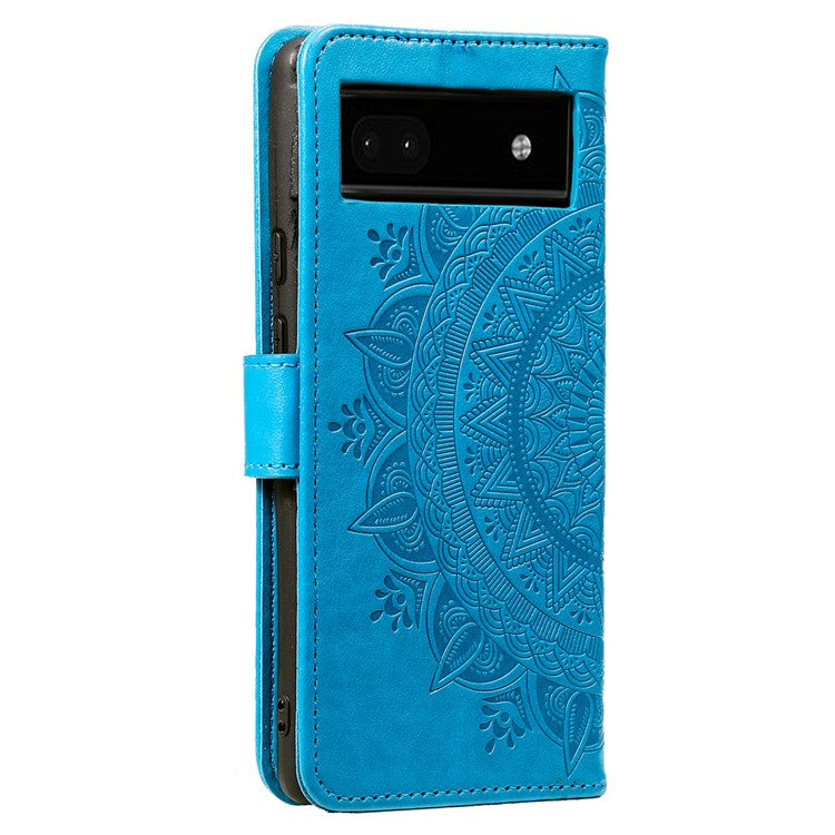 For Google Pixel 7a Imprinted Mandala Flower Phone Case PU Leather Wallet Stand Magnetic Clasp Cover with Strap - Blue