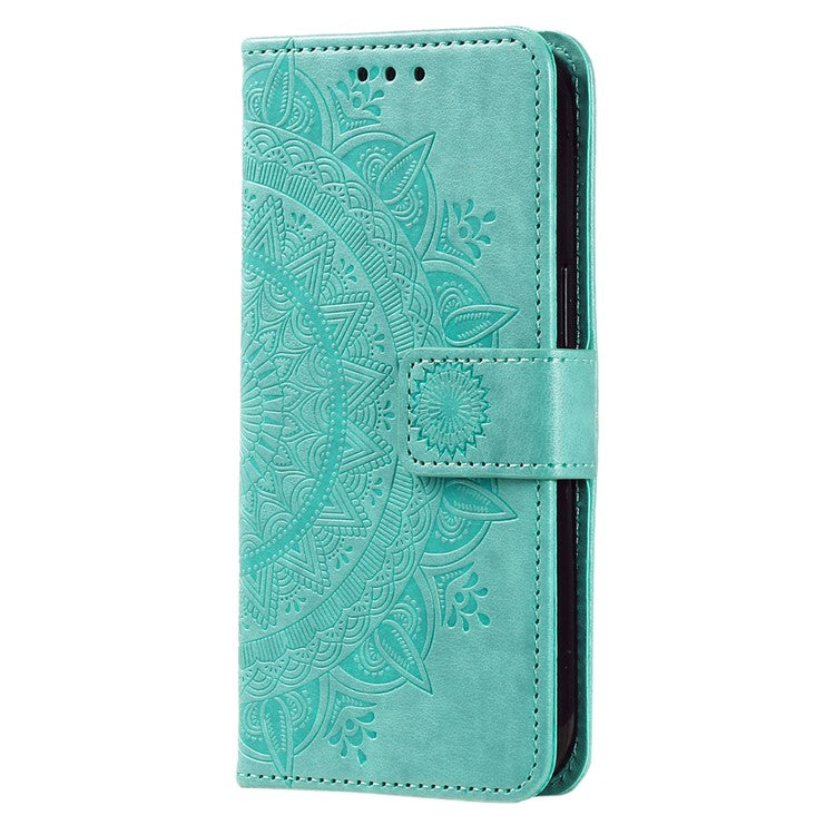 For Google Pixel 7a Imprinted Mandala Flower Phone Case PU Leather Wallet Stand Magnetic Clasp Cover with Strap - Green