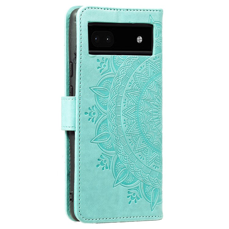 For Google Pixel 7a Imprinted Mandala Flower Phone Case PU Leather Wallet Stand Magnetic Clasp Cover with Strap - Green