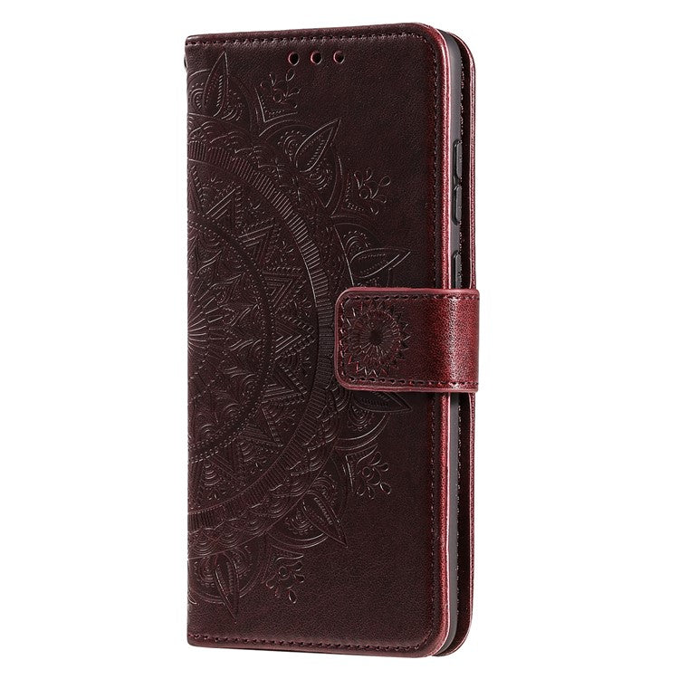 For Google Pixel 7a Imprinted Mandala Flower Phone Case PU Leather Wallet Stand Magnetic Clasp Cover with Strap - Brown
