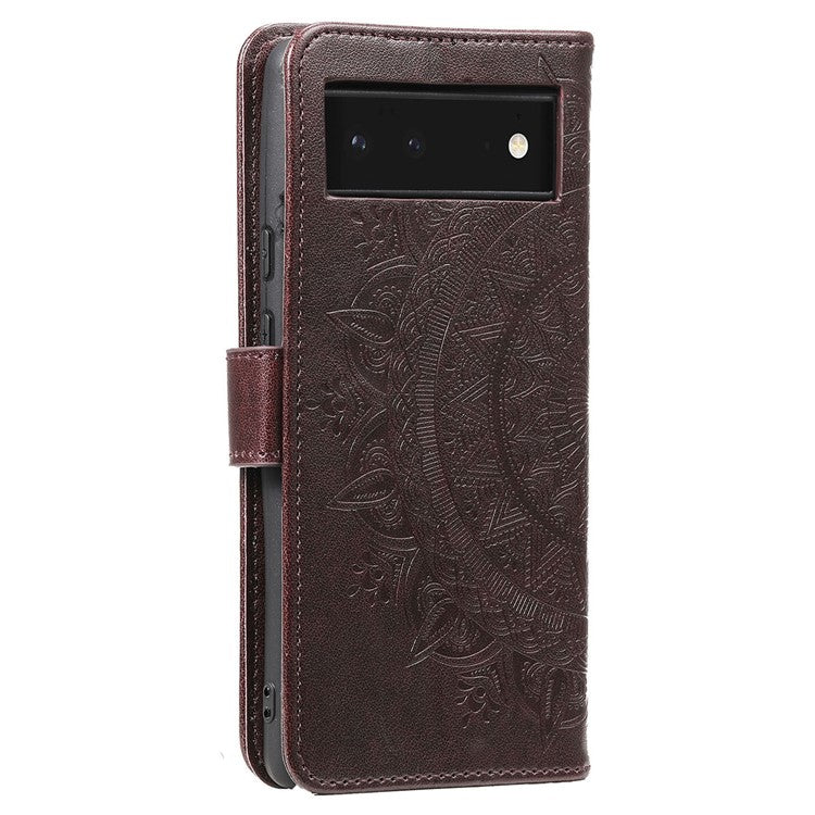 For Google Pixel 7a Imprinted Mandala Flower Phone Case PU Leather Wallet Stand Magnetic Clasp Cover with Strap - Brown