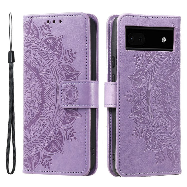 For Google Pixel 7a Imprinted Mandala Flower Phone Case PU Leather Wallet Stand Magnetic Clasp Cover with Strap - Purple