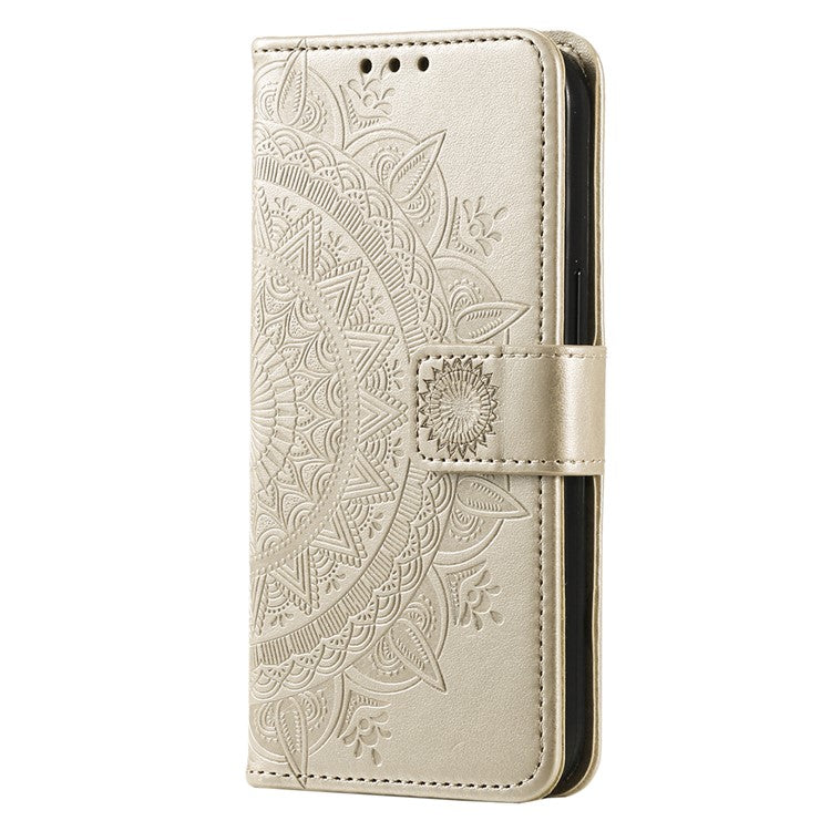 For Google Pixel 7a Imprinted Mandala Flower Phone Case PU Leather Wallet Stand Magnetic Clasp Cover with Strap - Gold