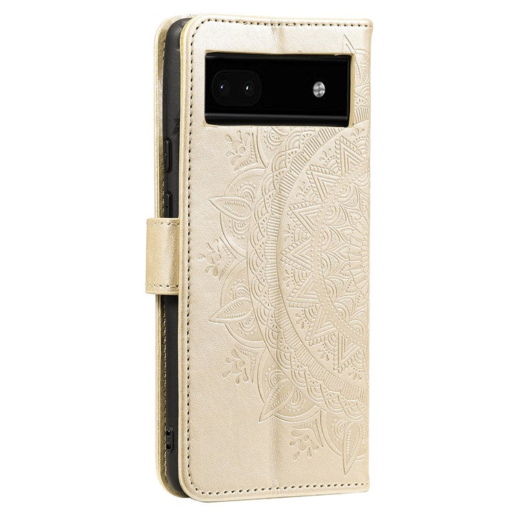For Google Pixel 7a Imprinted Mandala Flower Phone Case PU Leather Wallet Stand Magnetic Clasp Cover with Strap - Gold
