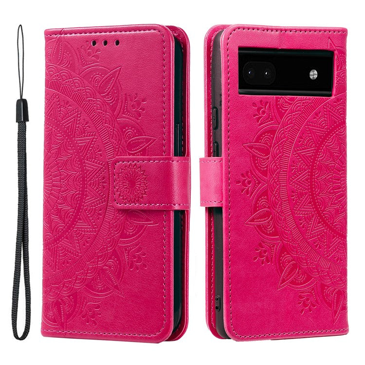 For Google Pixel 7a Imprinted Mandala Flower Phone Case PU Leather Wallet Stand Magnetic Clasp Cover with Strap - Rose