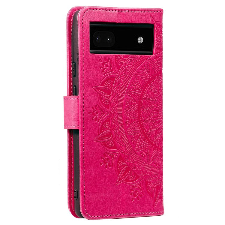 For Google Pixel 7a Imprinted Mandala Flower Phone Case PU Leather Wallet Stand Magnetic Clasp Cover with Strap - Rose