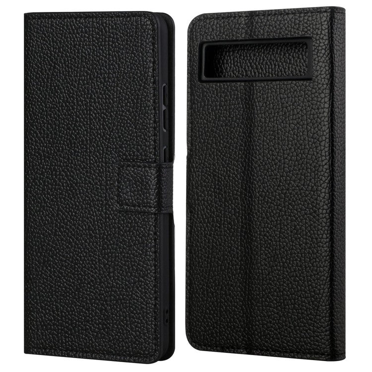 For Google Pixel 7a Litchi Texture PU Leather Wallet Case Stand Function Magnetic Square Clasp Cell Phone Cover - Black