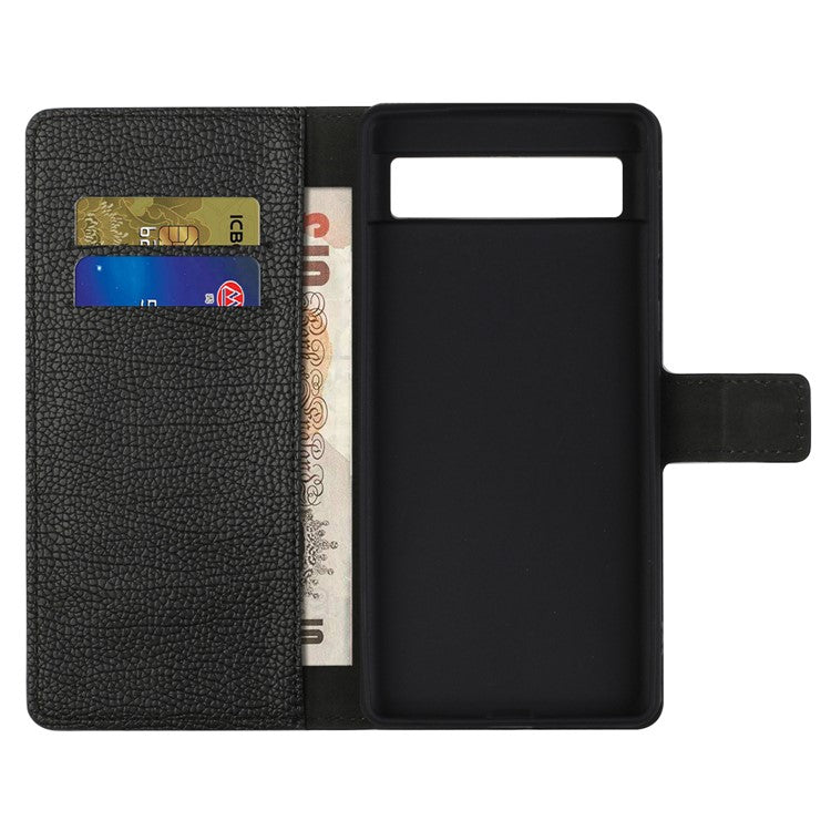 For Google Pixel 7a Litchi Texture PU Leather Wallet Case Stand Function Magnetic Square Clasp Cell Phone Cover - Black