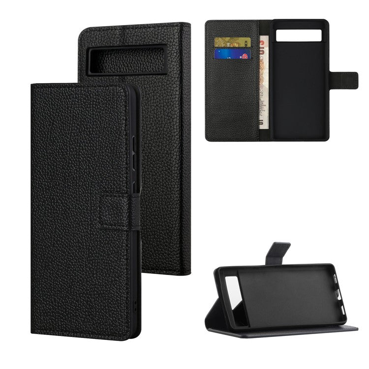 For Google Pixel 7a Litchi Texture PU Leather Wallet Case Stand Function Magnetic Square Clasp Cell Phone Cover - Black