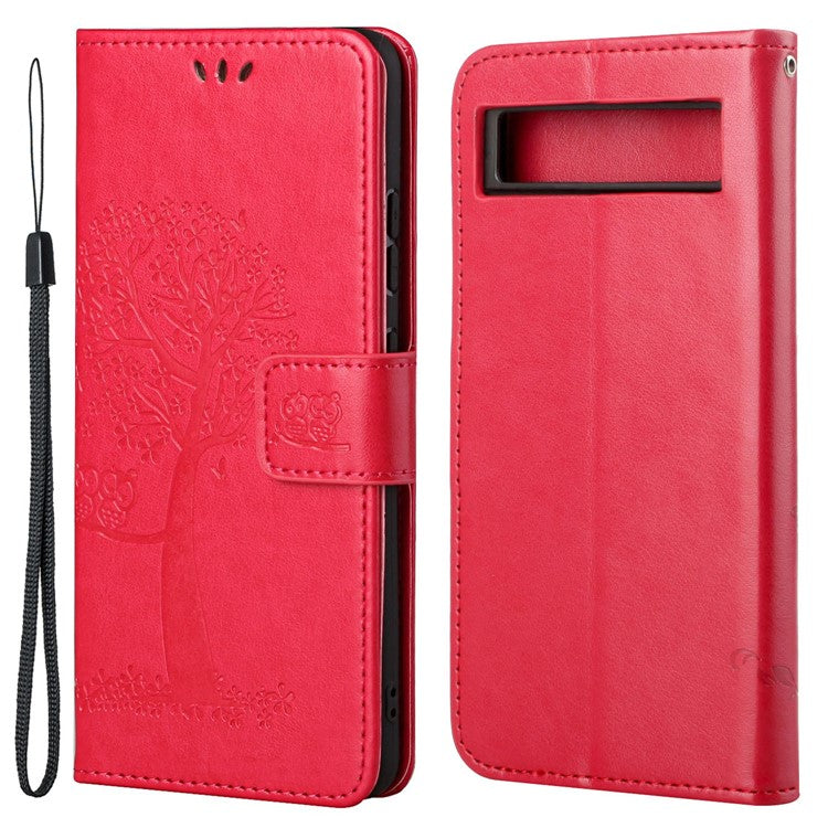 For Google Pixel 7a Imprinted Owl Tree Pattern PU Leather Stand Case Drop-proof Phone Wallet Cover - Red