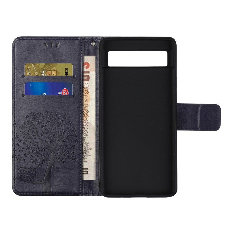 For Google Pixel 7a Imprinted Owl Tree Pattern PU Leather Stand Case Drop-proof Phone Wallet Cover - Dark Purple