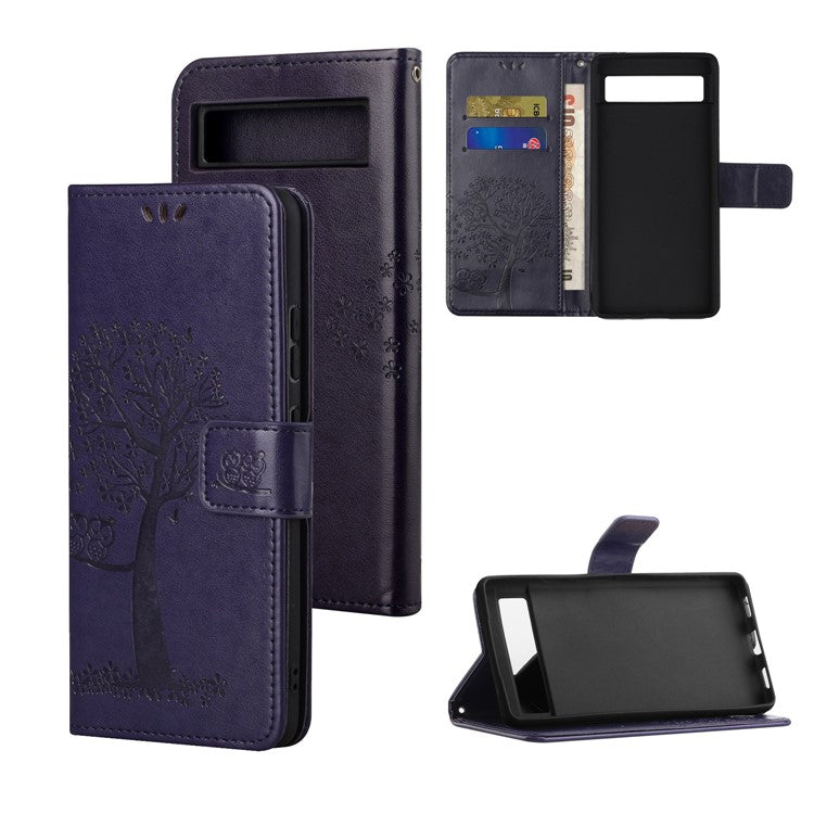 For Google Pixel 7a Imprinted Owl Tree Pattern PU Leather Stand Case Drop-proof Phone Wallet Cover - Dark Purple