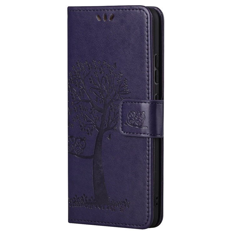 For Google Pixel 7a Imprinted Owl Tree Pattern PU Leather Stand Case Drop-proof Phone Wallet Cover - Dark Purple