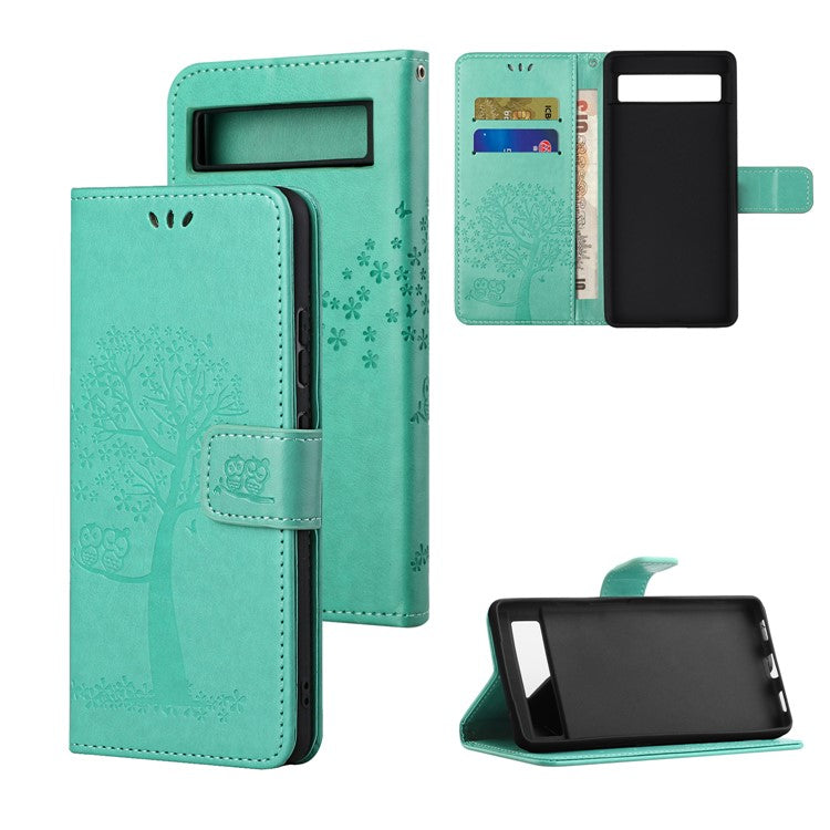 For Google Pixel 7a Imprinted Owl Tree Pattern PU Leather Stand Case Drop-proof Phone Wallet Cover - Green