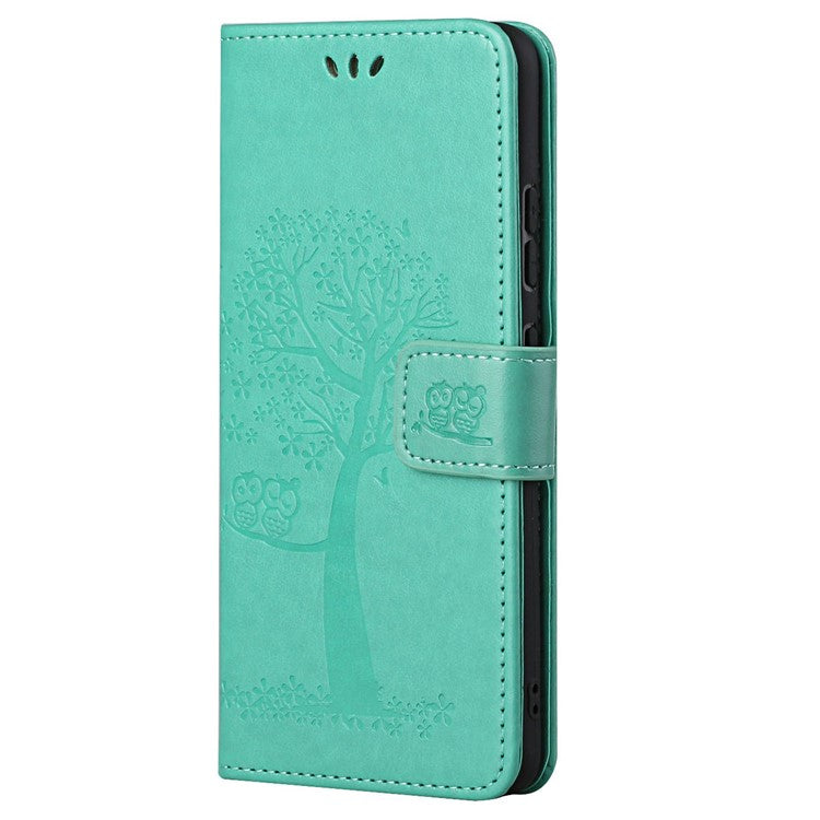 For Google Pixel 7a Imprinted Owl Tree Pattern PU Leather Stand Case Drop-proof Phone Wallet Cover - Green