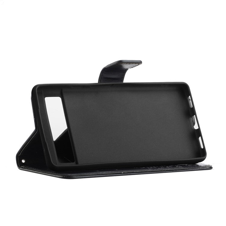 For Google Pixel 7a Imprinted Owl Tree Pattern PU Leather Stand Case Drop-proof Phone Wallet Cover - Black