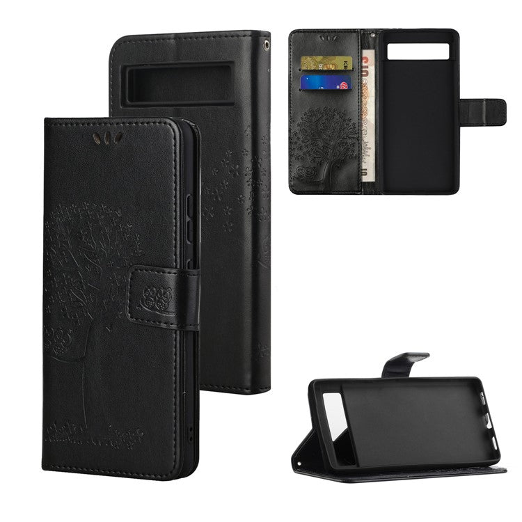 For Google Pixel 7a Imprinted Owl Tree Pattern PU Leather Stand Case Drop-proof Phone Wallet Cover - Black
