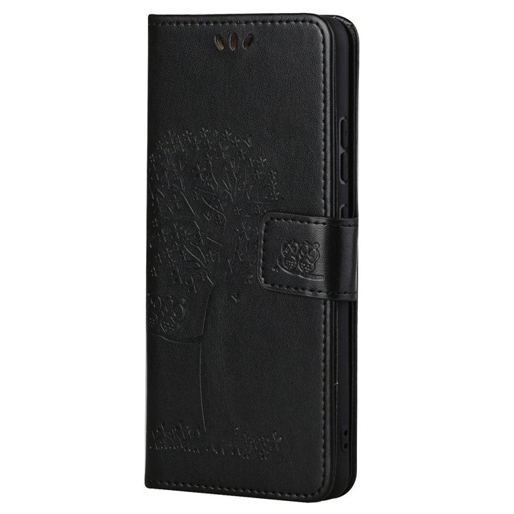 For Google Pixel 7a Imprinted Owl Tree Pattern PU Leather Stand Case Drop-proof Phone Wallet Cover - Black