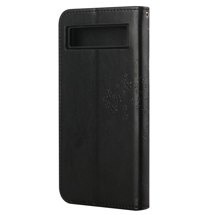 For Google Pixel 7a Imprinted Owl Tree Pattern PU Leather Stand Case Drop-proof Phone Wallet Cover - Black