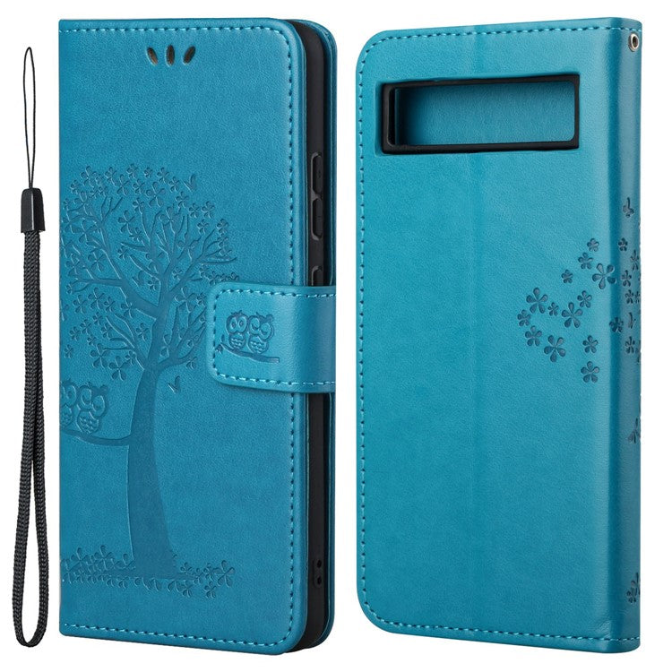 For Google Pixel 7a Imprinted Owl Tree Pattern PU Leather Stand Case Drop-proof Phone Wallet Cover - Blue