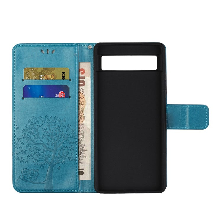 For Google Pixel 7a Imprinted Owl Tree Pattern PU Leather Stand Case Drop-proof Phone Wallet Cover - Blue