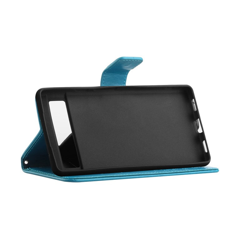 For Google Pixel 7a Imprinted Owl Tree Pattern PU Leather Stand Case Drop-proof Phone Wallet Cover - Blue