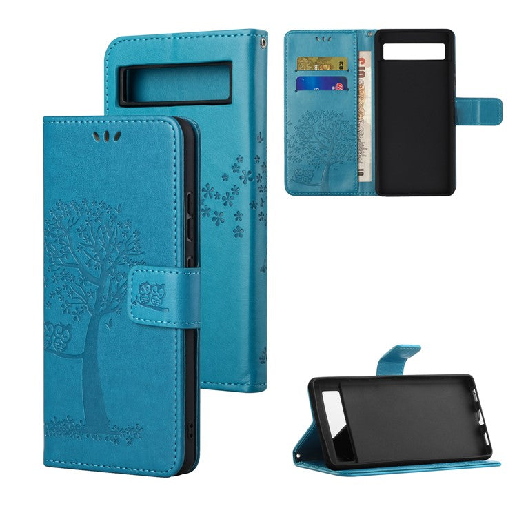 For Google Pixel 7a Imprinted Owl Tree Pattern PU Leather Stand Case Drop-proof Phone Wallet Cover - Blue
