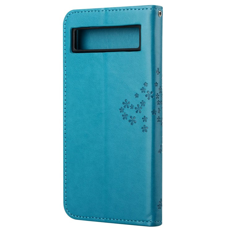 For Google Pixel 7a Imprinted Owl Tree Pattern PU Leather Stand Case Drop-proof Phone Wallet Cover - Blue