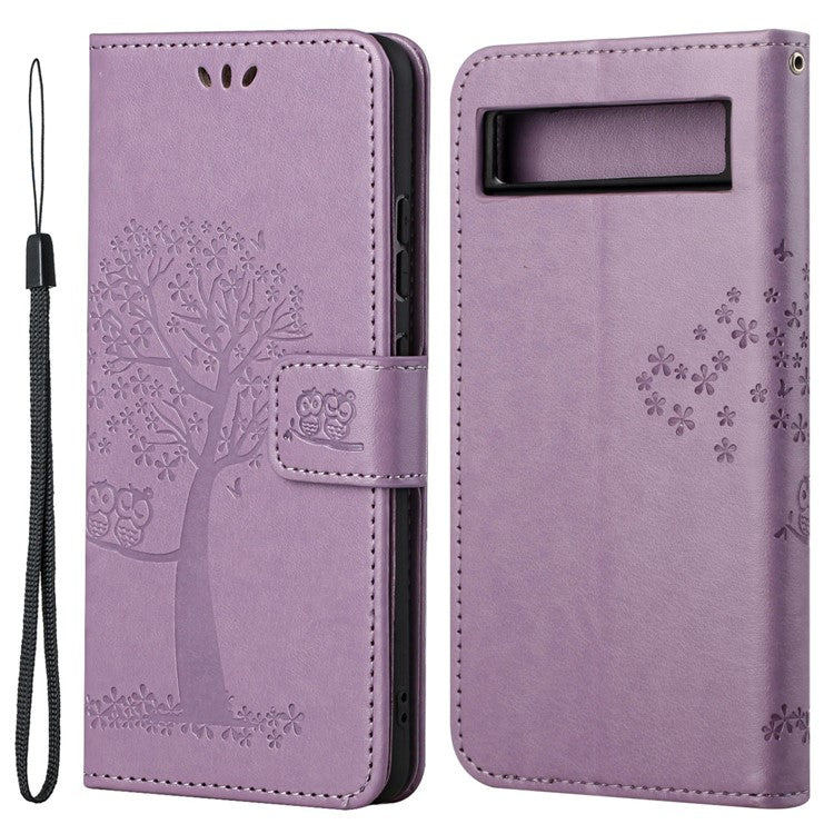 For Google Pixel 7a Imprinted Owl Tree Pattern PU Leather Stand Case Drop-proof Phone Wallet Cover - Purple
