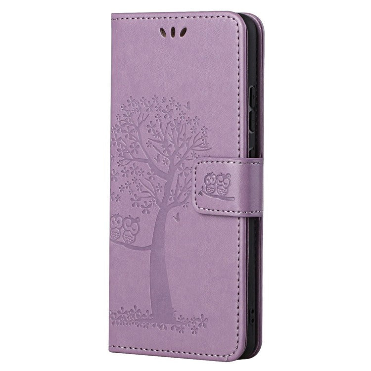 For Google Pixel 7a Imprinted Owl Tree Pattern PU Leather Stand Case Drop-proof Phone Wallet Cover - Purple